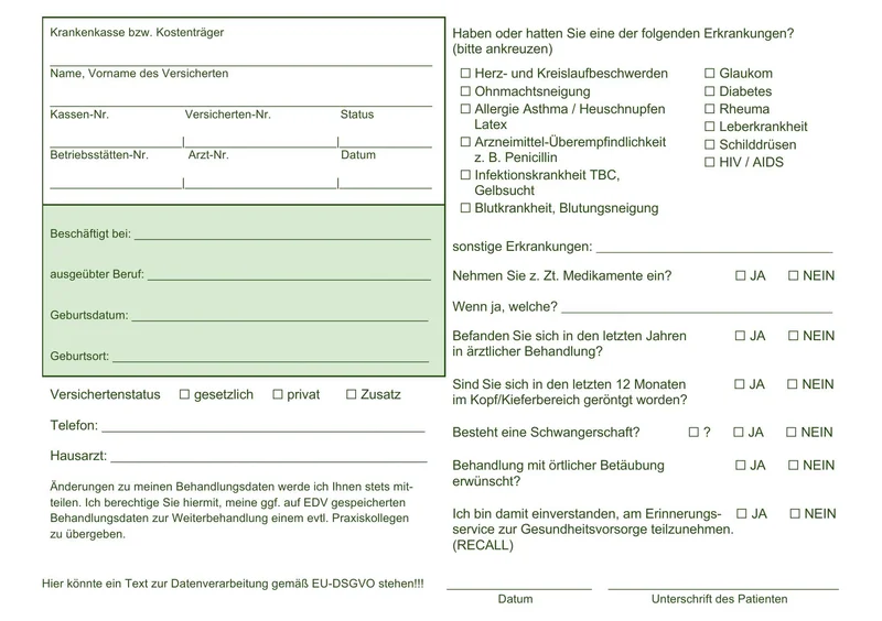 Medizinisches Formular mit personenbezogenen Daten